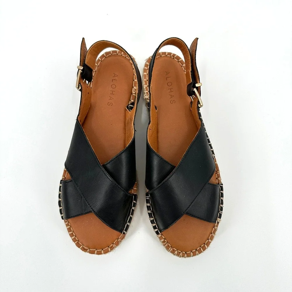 ALOHAS Women Black Leather Crossed Espadrille Platform Sandals 38‎ / US 7-7.5